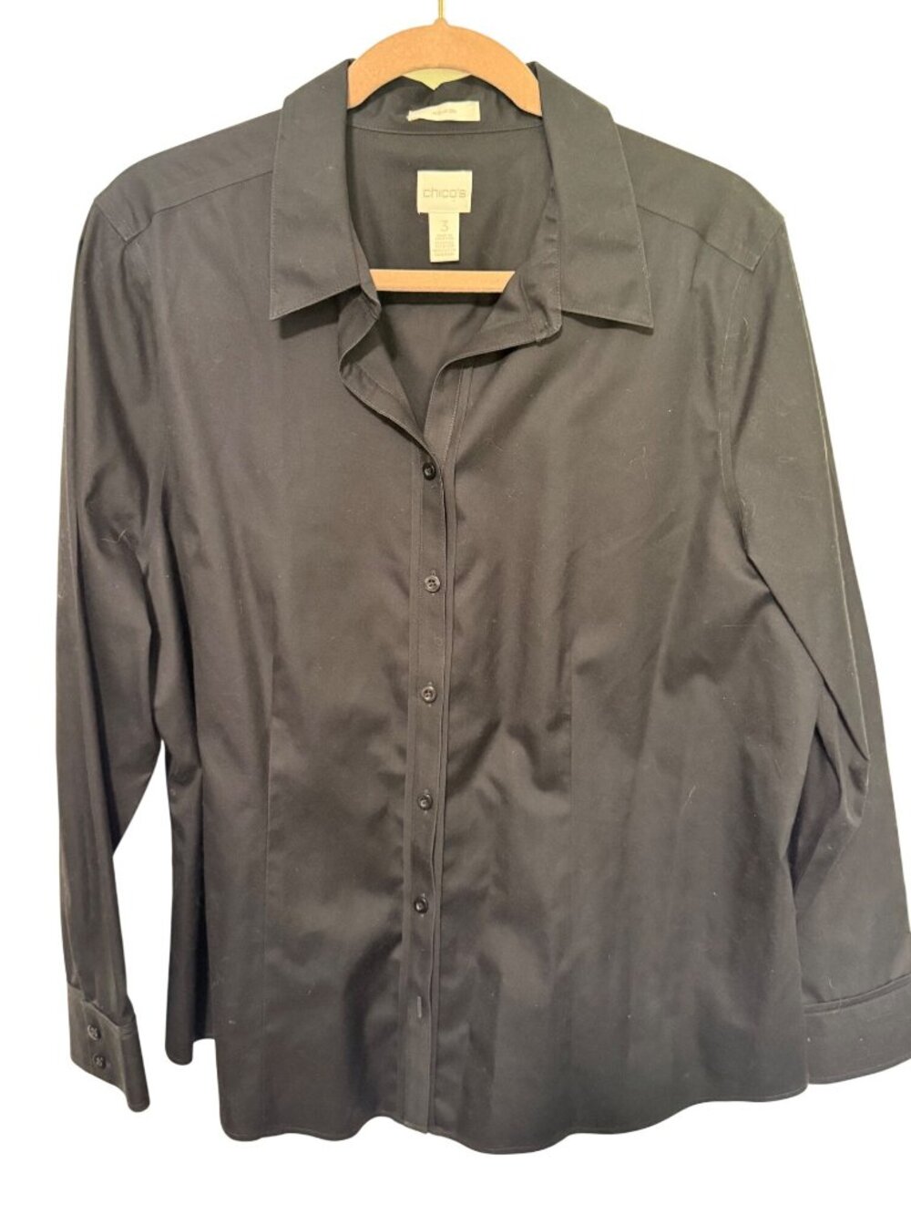 Chico's Button Up Shirt Black No Iron L/S Womans 3/XL